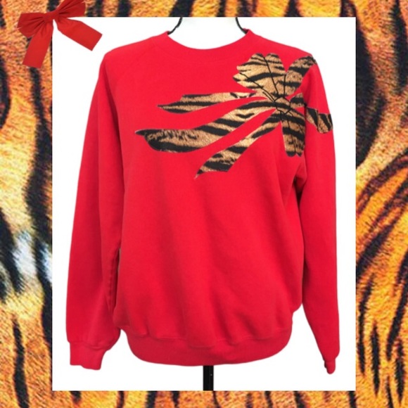 Vintage 90s Handmade Appliqué Sweatshirt Raglan Tiger Fleece Christmas Bow L - Picture 1 of 7